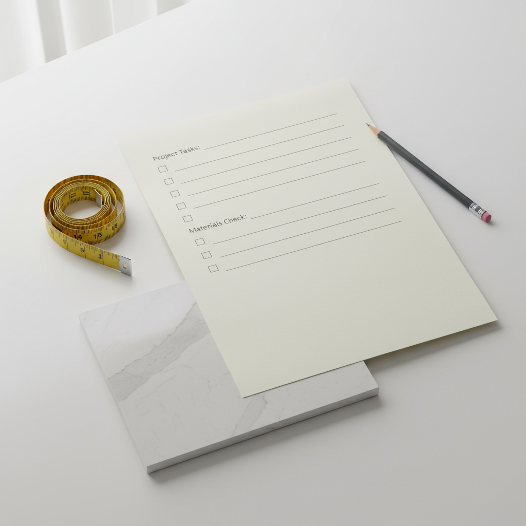 Printed checklist with measuring tape and quartz countertop sample