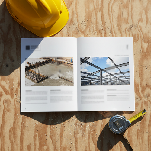 Printed PDF guide with job site photos and measuring tape