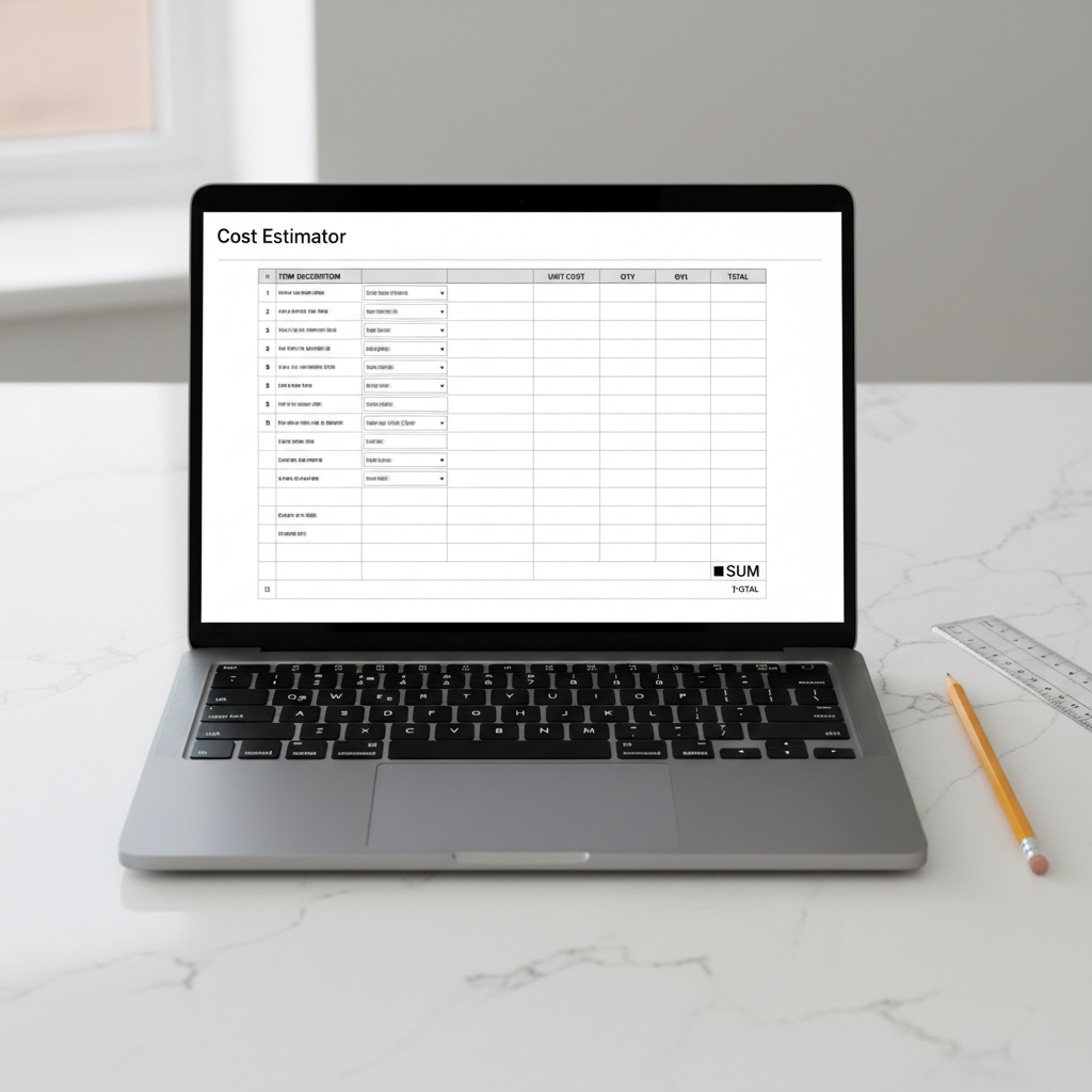 Laptop with professional cost estimator spreadsheet and dropdowns