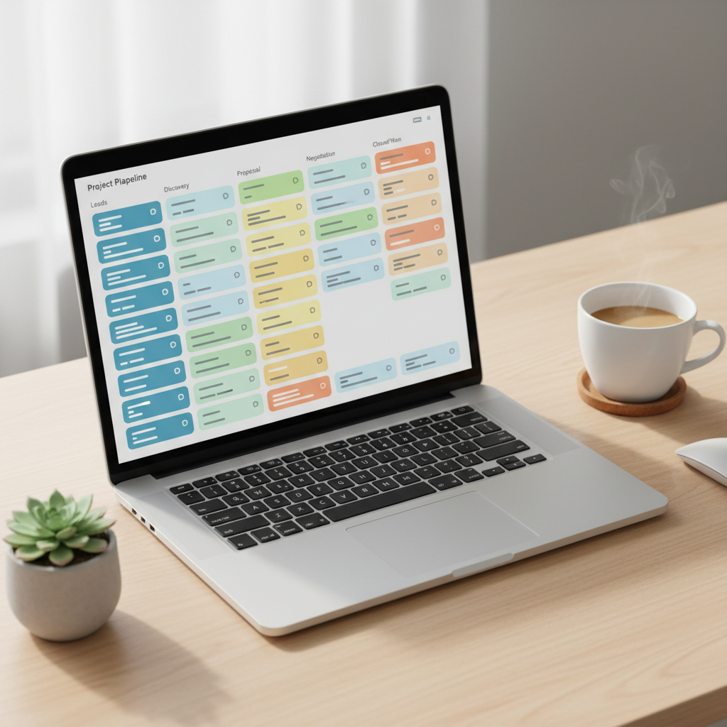 Laptop showing Airtable-style CRM pipeline dashboard