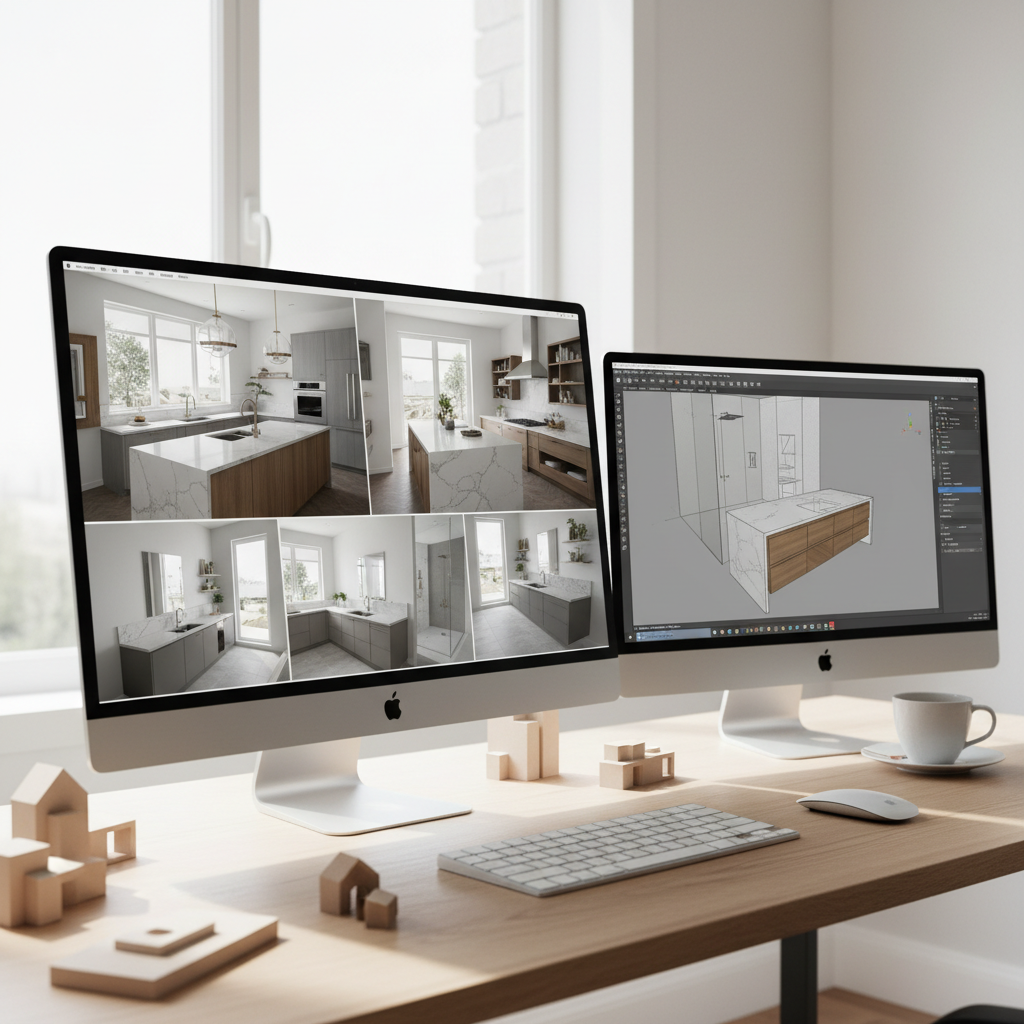 Monitor with photorealistic kitchen renders and SketchUp interface