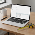 Laptop with Excel area calculation spreadsheet and measuring tape