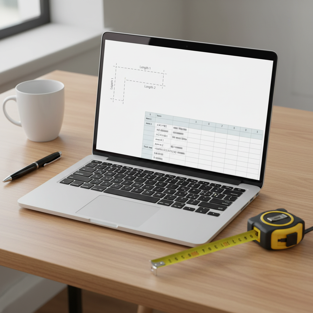 Laptop with Excel area calculation spreadsheet and measuring tape