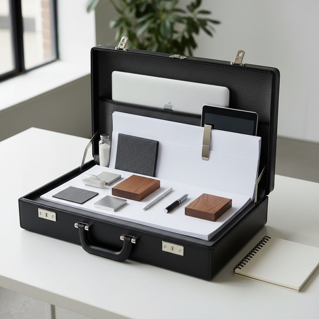 Premium open briefcase with full business system tools