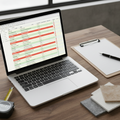 Laptop with inventory tracker spreadsheet and low-stock alerts