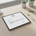 Tablet displaying branded PDF proposal with line items and signature block