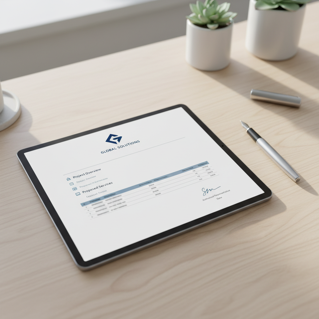 Tablet displaying branded PDF proposal with line items and signature block